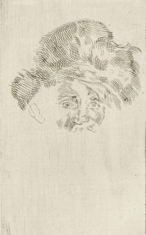 Study sheet with headline, print, printmaker: Jac. Franc. Gaal, Netherlands, c. 1750 - c. 1799, paper, etching, height 180 mm x width 95 mm, historical persons not known by name, A lightly sketched portrait of a face and hat rendered in fine, hatched lines on a pale, textured background, showing a pair of eyes with detailed lashes and brows, a nose, mustache and subtle mouth lines, and a large, voluminous hat with dense crosshatching and flowing strokes suggesting texture; an ear is faintly outlined to one side, and the rest of the page is mostly empty with vertical paper grain and faint marks.