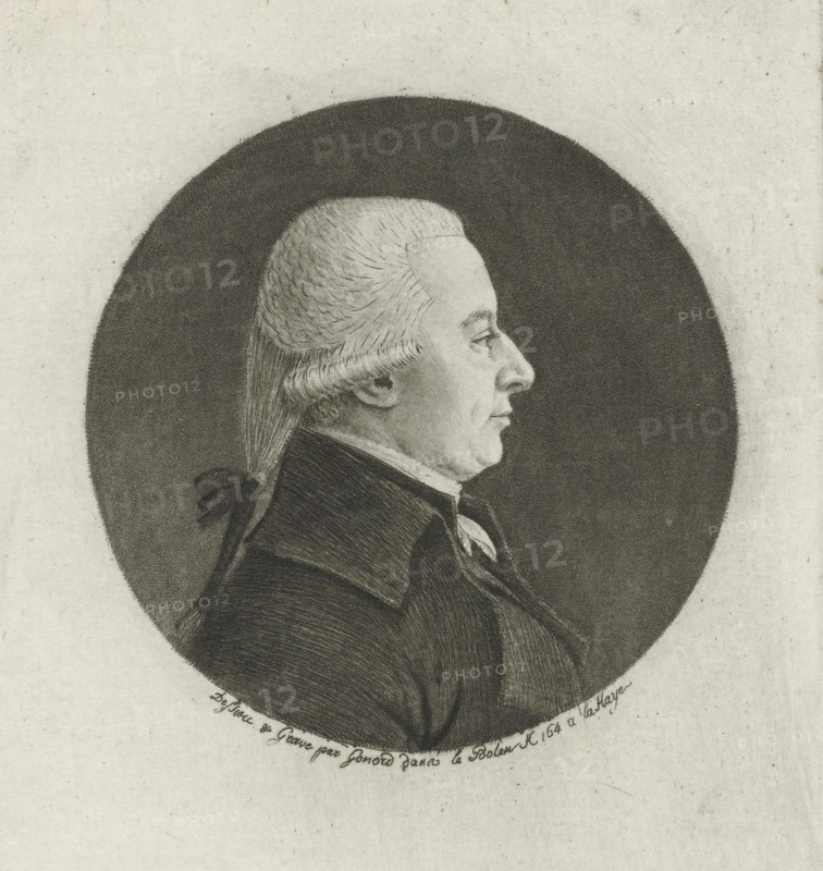 Portrait of Cornelis van Lennep, print, physionotrace, Portrait in a round frame of Cornelis van Lennep, member of the general safety committee. In profile, bust to the right., printmaker: François Gonord, The Hague, 1794 - 1800, paper, etching, roulette, engraving, engraving and roulette, height 85 mm x width 79 mm, Physionotrace., Person, Cornelis van Lennep, A monochrome engraved portrait of a man in profile facing right, shown from the chest upward within a dark oval background, featuring powdered or styled hair pulled back and tied with a ribbon, a high-collared coat and cravat, fine line shading on the face and clothing, and a pale textured paper surrounding the oval.