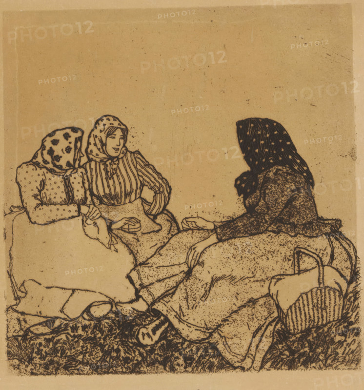 Three women in the grass, Am Sonntag (Böhmen), print, name: 'Orlik', printmaker: Emil Orlik, 1880 - 1932, paper, etching, relief etching, intaglio printmaking technique, height 226 mm x width 219 mm, adult woman, picnic, alfresco, 'déjeuner sur l'herbe', Bohemia, Three seated women wearing patterned headscarves and long dresses occupy the lower portion of the image, drawn in fine dark lines on a tan background; two women on the left face slightly toward each other with one in a striped dress and the other in a spotted dress, their hands resting in their laps, while a third woman on the right sits with her back turned, her dotted headscarf and textured clothing rendered in dense line work; beneath them a reclining figure with a visible face lies on grass depicted with scattered stippling and short strokes, and a woven basket sits near the lower right, all framed by an empty expanse of the tan ground above.