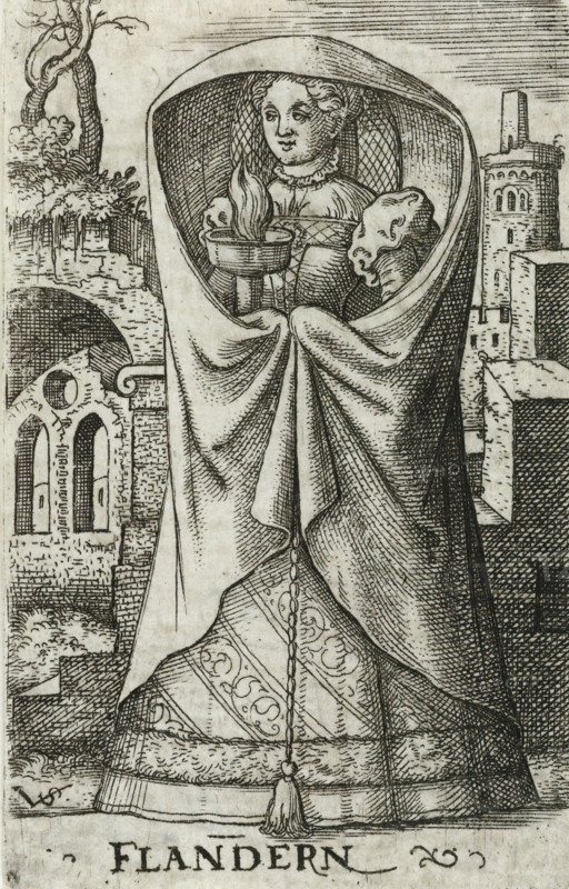 Flanders, Wise virgin as personification of Flanders, Wise and foolish virgins as European countries and provinces, print, number: '128', printmaker: Virgilius Solis, Nuremberg, 1524 - 1562, Bavaria, paper, engraving, etching, intaglio printmaking technique, height 80 mm x width 50 mm, Print is part of a series of ten prints with personifications of European countries and provinces as the five wise and five foolish virgins., personifications of countries, nations, states, districts, representation of wise virgin(s), A framed engraving of a robed female figure standing in front of a stone architectural backdrop; she wears a large hooded cloak that wraps around her shoulders and falls in heavy, folded drapery to the ground, revealing a patterned gown and a decorative tassel hanging from the front. Her face, with stylized hair and an expressionless look, is visible within the hood and she holds a shallow bowl or brazier from which a stylized flame rises, while a small dog rests against he...
