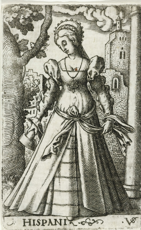 Foolish virgin as personification of Spain, Hispani, Wise and foolish virgins as European countries and provinces, print, number: '128', printmaker: Virgilius Solis, Nuremberg, 1524 - 1562, Bavaria, paper, engraving, etching, intaglio printmaking technique, height 79 mm x width 50 mm, Print is part of a series of ten prints with personifications of European countries and provinces as the five wise and five foolish virgins., personifications of countries, nations, states, districts, representation of foolish virgin(s), Spain, A black and white line engraving of a standing woman in a long, flowing gown with puffed sleeves and a fitted bodice, her head slightly bowed and hair covered by a rounded headdress with small circular decorations. She holds fabric in both hands that drapes down the front of her skirt, with a knotted sash at her waist and decorative details on the bodice. Behind her, a tree with textured bark and foliage appears on the left and a castle-like tower with small window...