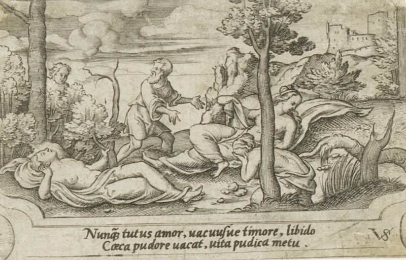 Personifications of love, lust, and chastity, Mythological scenes, print, number: '71', printmaker: Virgilius Solis, Nuremberg, 1524 - 1562, Bavaria, paper, engraving, etching, intaglio printmaking technique, height 58 mm x width 90 mm, This print is part of a series of at least four prints with mythological scenes., A detailed monochrome engraving shows a wooded landscape with clouds and distant hills, a cluster of trees and a tall tree trunk in the foreground, a partially ruined castle on a hill at the right, and a rocky outcrop near the center; several human figures recline and sit among drapery on the ground, one reclining figure appears nude with drapery under them, another figure leans forward covering their face with an arm, a bearded standing man with outstretched arms faces the reclining group, a woman sits with drapery over her lap near the tree, and a smaller head peeks from behind foliage at the left, while scattered pebbles and tufts of grass dot the ground.