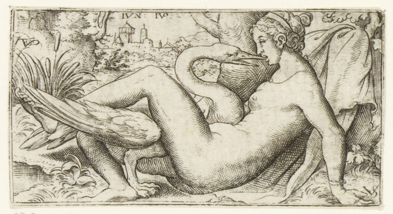 Leda and the swan, print, number: '108', printmaker, after print by, Bavaria, Nuremberg, Virgilius Solis, paper, engraving, intaglio printmaking technique, height 50 mm x width 95 mm, Jupiter, in the shape of a swan, and Leda, A reclining nude figure with curled hair rests against a draped cushion while a large swan curves around and touches the person's face; the scene is rendered in fine engraved lines with crosshatching, showing foliage, a distant walled town, grasses, and decorative border elements.