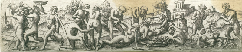 Bacchanal with satyrs and vomiting figures, Three friezes with bacchanals, print, number: '23', printmaker: Virgilius Solis, Nuremberg, 1524 - 1562, Bavaria, paper, engraving, etching, intaglio printmaking technique, height 55 mm x width 245 mm, Part of a series of three friezes with bacchanals., vomiting, satyr(s) (in general), thiasos, i.e. Bacchus' revel-rout, bacchanal without Bacchus, A long horizontal scene in a monochrome engraving shows a procession of nude and partially nude human figures and mythic satyrs in a rolling landscape with distant trees and architectural structures; on the left, clustered figures carry and pour large pitchers and a shallow dish, water or liquid arcing from the vessels, while a reclining figure near the center reaches toward a bowl of fruit and a seated figure kneels beside them; other standing figures interact by touching or supporting each other, and several figures bend forward or kneel to scoop or pour more liquid; toward the right, two satyrs pl...