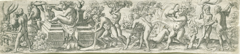 Triumphal procession of Bacchus, Three friezes with bacchanals, print, number: '23', printmaker: Virgilius Solis, Nuremberg, 1524 - 1562, Bavaria, paper, engraving, etching, intaglio printmaking technique, height 58 mm x width 245 mm, Part of a series of three friezes with Bacchanals, thiasos, ie Bacchus' revel-rout, bacchanal without Bacchus, triumph of Bacchus, 'Carro di Bacco' (Ripa), A long horizontal engraving showing a procession of mostly nude figures and mythic creatures across a landscape. On the left a bearded figure with horns stands beside a four-legged shaggy animal while another nude figure carries a large vase. Nearby a reclining figure sits atop a plinth or cart with draped cloth, reaching toward a platter held by another figure with a horned head. In front of the cart a small furry creature is on the ground. Toward the center several nude figures bend and carry baskets and vessels filled with foliage, while one figure holds a bowl on their head. To the right a reclinin...