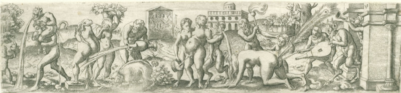 Bacchanal with vomiting satyrs, Three friezes with bacchanals, print, number: '23', printmaker: Virgilius Solis, Nuremberg, 1524 - 1562, Bavaria, paper, engraving, etching, intaglio printmaking technique, height 58 mm x width 246 mm, Part of a series of three friezes with bacchanals., vomiting, satyr(s) (in general), thiasos, i.e. Bacchus' revel-rout, bacchanal without Bacchus, A long horizontal engraving shows a procession of nude and partially nude human figures and satyr-like creatures across a landscape with rolling hills and distant buildings. On the left a small child-like figure faces a taller nude figure who carries a satyr on its shoulders as water streams from the satyr’s mouth onto the ground. Next, a group of three standing figures interact, one holding a large vessel that pours a strong arc of water toward the ground while another supports a basket of foliage on their head. In the center a reclining boar lies beside low vegetation near two standing figures who hold musical...
