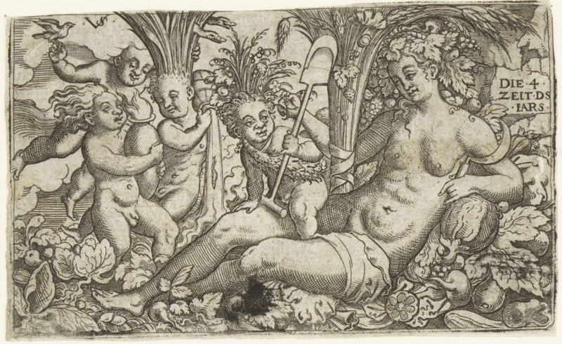 Personification of the Earth with four putti as the four elements, print, number: '122', printmaker: Virgilius Solis, Nuremberg, 1524 - 1562, Bavaria, paper, engraving, etching, intaglio printmaking technique, height 80 mm x width 133 mm, vegetables, year divided into four seasons, earth (one of the four elements), A monochrome engraving showing a reclining female figure with curly hair adorned with foliage and clusters of fruit, partially draped at the hips and surrounded by leaves and flowers, holding a curved object near her shoulder. Around her are four cherubic children with rounded bodies and expressive faces; one holds a large shallow vessel pouring a stream of liquid, another grasps a long handled spade, another clutches a rounded jar, and a fourth floats above with a small bird perched on its hand. Tall sheaves or stalks rise behind the group, and the scene is framed by dense decorative foliage, fruits, and floral motifs.