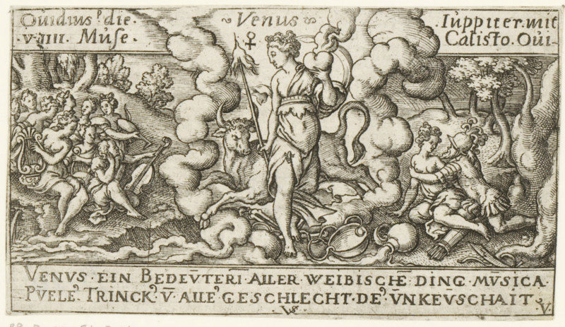 Venus with a Libra and Taurus (signs of the zodiac), Venus, Personifications of planets, print, Numbered lower right: V., number: '52', printmaker: Virgilius Solis, Nuremberg, 1524 - 1562, Bavaria, paper, engraving, etching, intaglio printmaking technique, height 62 mm x width 108 mm, Part of a series of seven prints with personifications of the planets, signs of the zodiac, and depictions of stories from Ovid's Metamorphoses., (story of) Venus (Aphrodite), the Muses acting together (as group), Libra (zodiacal sign of September), Taurus (zodiacal sign of April), Venus (planet), A central robed female figure stands on a cloud with one foot raised, holding a staff and a heart-shaped object, a bull beside her with its head turned outward, clouds and smoke-like forms surrounding them, several vessels lying near the clouds at their feet, a group of seated figures to the left playing stringed instruments and a lyre, two seated figures on the right embracing beneath trees, a wooded landscape ...