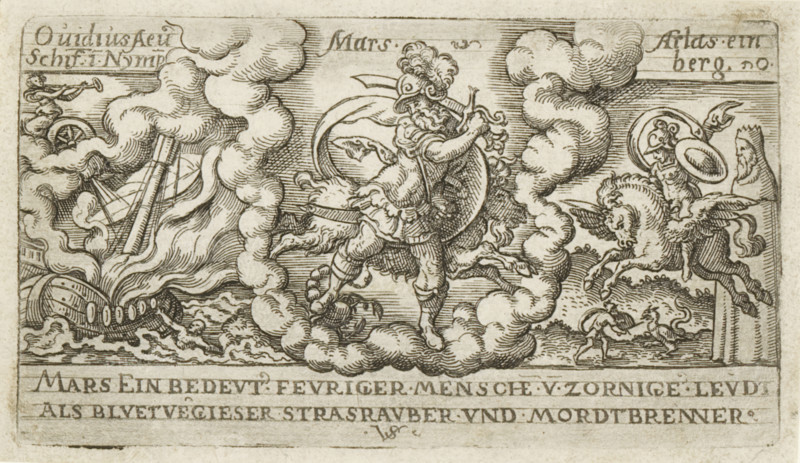 Mars, Mars with an Aries and Scorpio (signs of the zodiac), Personifications of planets, print, number: '52', printmaker: Virgilius Solis, Nuremberg, 1524 - 1562, Bavaria, paper, engraving, etching, intaglio printmaking technique, height 63 mm x width 111 mm, Part of a series of seven prints with personifications of the planets, signs of the zodiac, and depictions of stories from Ovid's Metamorphoses., (story of) Mars (Ares), Aries (zodical sign of March), Scorpio (zodiacal sign of October), Perseus, riding on Pegasus, kills the sea monster, Mars (planet), A monochrome engraving shows a central armored figure wearing a plumed helmet and holding a round shield, standing amid swirling clouds or smoke and stepping forward with one leg raised; to the left a partially visible ship lies at an angle with smoke curling around its masts and a small figure blowing a trumpet near the upper corner; to the right a winged horse rears while a helmeted rider with a round shield sits astride it and a b...