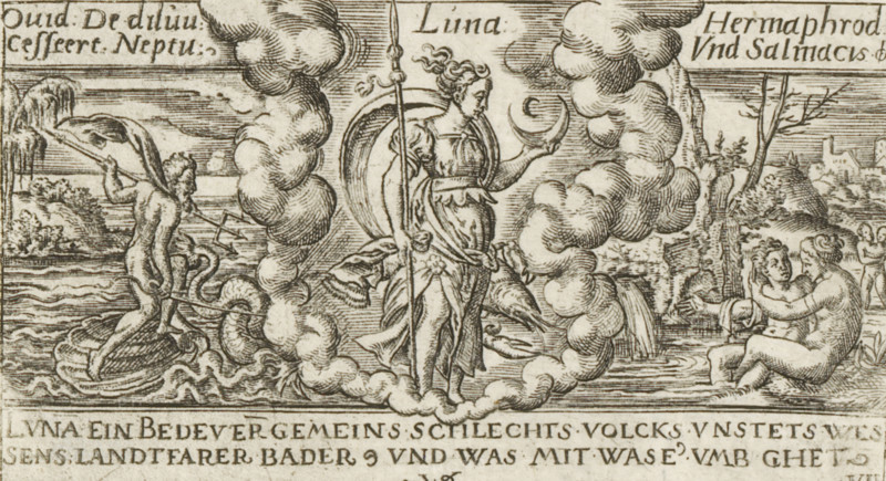 Luna, Luna with a Cancer (zodiac sign), Personifications of planets, print, Numbered lower right: VII., number: '52', printmaker: Virgilius Solis, Nuremberg, 1524 - 1562, Bavaria, paper, engraving, etching, intaglio printmaking technique, height 63 mm x width 112 mm, Part of a series of seven prints with personifications of the planets, zodiac signs, and depictions of stories from Ovid's Metamorphoses., moon as celestial body, chariot, triumphal car, Diana as moon-goddess, i.e. Luna (Selene), Cancer (zodiacal sign of June), A central robed female figure stands on a rounded cloud-like pedestal, holding a crescent-shaped object in one hand and a long staff in the other, with draped clothing and flowing hair; she is flanked by billowing cloud forms that frame her. To the left a partially nude male figure stands on a shell-like object in water, holding a trident and a large draped cloth, with sea creatures and rippling waves beneath him. To the right two seated nude figures embrace at the ...