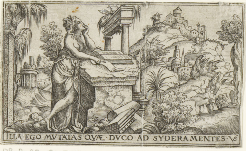 Penance, Female allegories in landscapes, print, number: '72', printmaker: Virgilius Solis, Nuremberg, 1524 - 1562, Bavaria, paper, engraving, etching, intaglio printmaking technique, height 52 mm x width 85 mm, Print is part of a series of six prints with female allegories in landscapes., landscape with ruins, city-view, and landscape with man-made constructions, 'Poenitentia', 'Contritione' (Ripa), part of the confession, A monochrome engraving shows a woman standing beside a stone sarcophagus, leaning on it with one elbow while resting her head on her hand and gazing upward. She wears a flowing draped garment that reveals one shoulder and leg, and her curly hair is styled up. Broken architectural elements lie on the ground near the base of the sarcophagus, and a columned structure with classical capitals stands behind her. The background contains rolling rocky hills, clustered buildings and towers on a distant hilltop, various trees and shrubs, and a small bridge over water visible ...