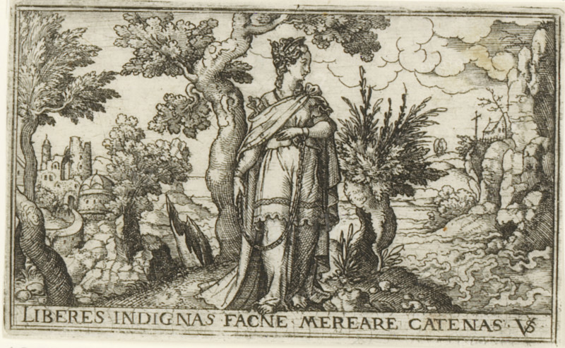Imprisonment, Female allegories in landscapes, print, number: '72', printmaker: Virgilius Solis, Nuremberg, 1524 - 1562, Bavaria, paper, engraving, etching, intaglio printmaking technique, height 53 mm x width 86 mm, Print is part of a series of six prints with female allegories in landscapes., city-view, and landscape with man-made constructions, A detailed black and white engraving shows a robed figure standing beside a gnarled tree near a shoreline, the figure wearing a flowing garment and a cloak draped over one shoulder with one hand resting on the torso and the other hanging by the side; surrounding the central figure are dense foliage, bushes, and twisted tree trunks, with rocky ground and tufts of grass beneath; to the left a distant ruinous building with domes and towers is visible among trees, while to the right coastal cliffs rise above the water and a small structure sits atop one of the rocks; swirling clouds fill the sky and the sea meets the shore with textured waves.
