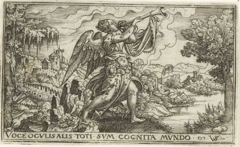 Fama, Female allegories in landscapes, print, number: '72', printmaker: Virgilius Solis, Nuremberg, 1524 - 1562, Bavaria, paper, engraving, etching, intaglio printmaking technique, height 53 mm x width 87 mm, Print is part of a series of six prints with female allegories in landscapes., Fama as Roman personification, river, city-view, and landscape with man-made constructions, A detailed monochrome engraving shows a winged figure kneeling on a rocky outcrop, raising a trumpet with a draped banner toward the sky while wearing flowing robes and ornate armor at the waist; the figure has curled hair and feathered wings. Around the figure are rugged rocks and leafy vegetation, and a river or lake stretches into the midground with small houses and a cluster of buildings along its banks. The left background contains a walled settlement with towers and cascading foliage, while the right background shows distant hills and a tall tree framing the scene. Wavy clouds fill the sky above, and decora...