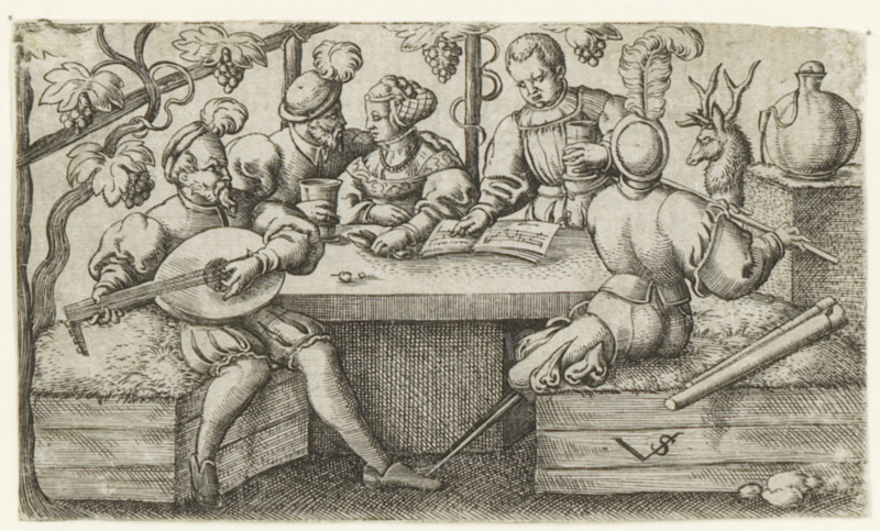Four men and a woman drinking and playing music, Scenes with drinking figures, print, number: '135', printmaker: Virgilius Solis, Nuremberg, 1524 - 1562, Bavaria, paper, engraving, etching, intaglio printmaking technique, height 50 mm x width 85 mm, Print is part of a series of four prints with scenes of drinking figures., transverse flute - CC - out of doors, alcoholic drinks, lute, and special forms of lute, eg: theorbo - CC - out of doors, vocal music, singing - CC - out of doors, notation of music - CC - out of doors, A black and white etched scene shows five seated figures around a rectangular table beneath a trellis of vines and large leaves with clustered fruit. Two figures at the left wear puffed sleeves and caps with plumes; one holds a round lute-like instrument across the lap while the other leans forward with a cup. At the center a woman with a coifed hairstyle and patterned bodice faces a bearded man in a cap who holds a cup and leans toward her; a standing figure in a tun...