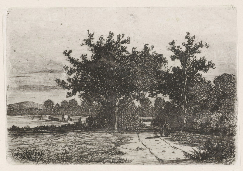 Country road, print, printmaker: Jan Heppener, The Hague, c. 1841 - 1898, paper, chine collé, etching, etching on chine collé, height 59 mm x width 87 mm, landscapes (landscape with figures, staffage), A monochrome landscape etching showing a dirt path leading into a grove of densely drawn trees with textured foliage and visible trunks, a figure standing on the path partially obscured by shadows, a body of water beyond the trees with low banks, distant hills on the horizon, a pair of animals wading or standing near the water, grasses and low vegetation in the foreground, and a sky with faint horizontal shading.