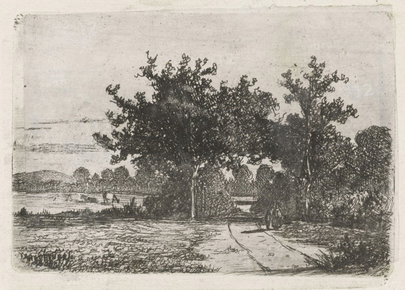 Country road, print, printmaker: Jan Heppener, The Hague, c. 1841 - 1898, paper, chine collé, etching, etching on chine collé, height 59 mm x width 87 mm, landscapes (landscape with figures, staffage), A monochrome etching showing a landscape with a broad foreground path leading toward a darker stand of trees, a group of tall trees with dense, textured foliage occupying the center and right, and lower bushes and grasses along the edges. In the midground a body of water appears with a small boat and indistinct figures near its shore, and low rounded hills rise beyond the water. The sky above is lightly shaded and largely empty, and the image is framed by a faint rectangular border with a slightly worn paper texture.