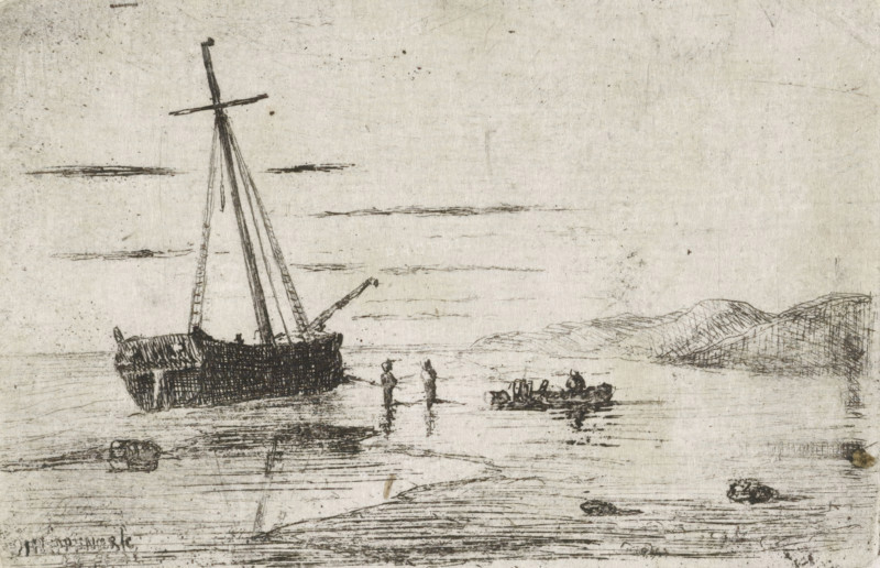 Ship off the coast, print, printmaker: Jan Heppener, The Hague, 1855, paper, etching, etching on chine collé, height 51 mm x width 78 mm, ships (in general), dune coast (landscape with figures, staffage), sand-bank (landscape with figures, staff), A monochrome sketch showing a shoreline scene with a large sailboat beached or anchored near shallow water, its tall mast and spars rendered with thin, dark lines and rigging suggested by vertical strokes; two figures stand waist-deep in the water facing each other near the boat, their silhouettes simply outlined, while a small rowboat nearby contains three figures with oars and reflected shapes in the water beneath; the distant shoreline on the right is drawn as a series of low, rolling hills with cross-hatched shading, and the foreground includes rippled water, scattered stones, and subtle horizontal marks indicating the water’s surface, all on a textured, lightly speckled background.