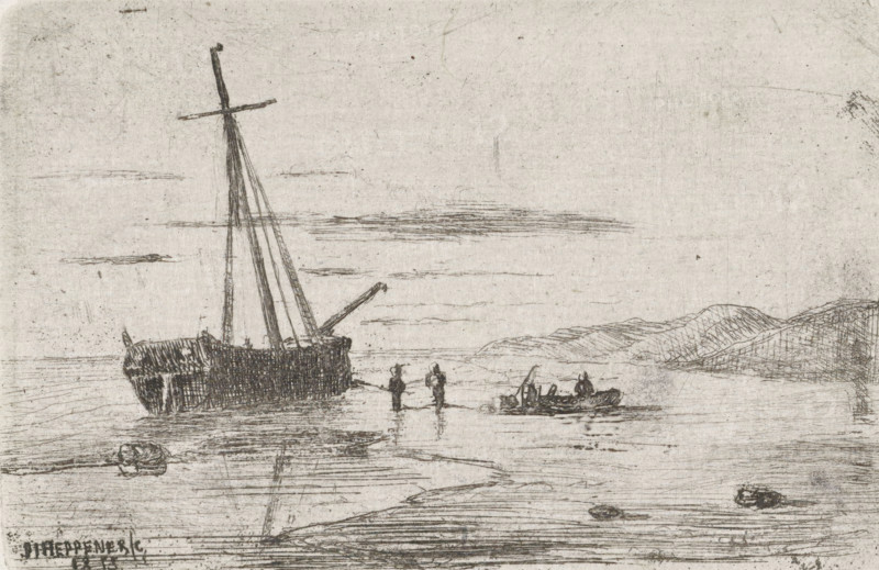 Ship off the coast, print, printmaker: Jan Heppener, The Hague, 1855, paper, chine collé, etching, etching on chine collé, height 51 mm x width 78 mm, ships (in general), dune coast (landscape with figures, staffage), sand-bank (landscape with figures, A sketch in muted tones shows a shoreline scene with a large sailing vessel beached or anchored near shallow water, its tall mast and spars drawn with vertical and diagonal lines, and its hull shaded with crosshatched strokes; two small standing figures are near the waterline facing the vessel, and a small rowboat with occupants is nearby on the water; low, gently sloping hills rise in the background on the right, and horizontal, wispy cloud-like lines stretch across the sky; the foreground contains textured water and shoreline marks with scattered darker sketch marks.