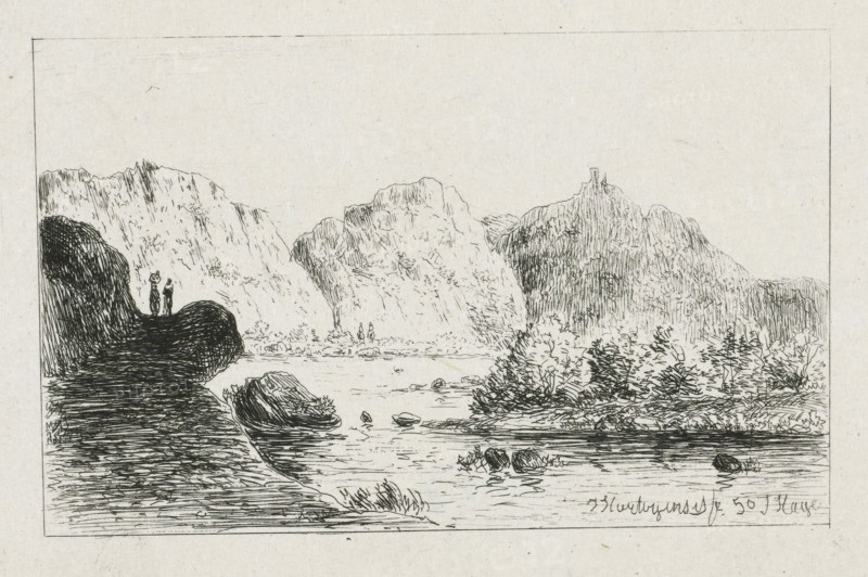 Mountain Landscape on the Aar (former title), Mountain Landscape, print, A mountainous landscape with a river, with two figures on a rock in the foreground on the left. High mountains on the opposite side of the river., printmaker: Joseph Hartogensis, Düsseldorf, 1850, North Rhine-Westphalia, paper, chine collé, etching, etching on chine collé, proof print, height 73 mm x width 111 mm, landscapes with waters, waterscapes, seascapes (in the temperate zone) (landscape with figures, staffage), mountains (landscape with figures, A monochrome pen drawing of a rocky riverside scene with steep cliff faces in the background and a calm body of water in the foreground, showing textured rock formations on the left and right, clustered shrubs and low vegetation along the shore, scattered boulders and stones in the water, and two small human figures standing on a protruding rock on the left edge of the water while another pair of small figures stands near the base of the distant cliffs, all framed ...