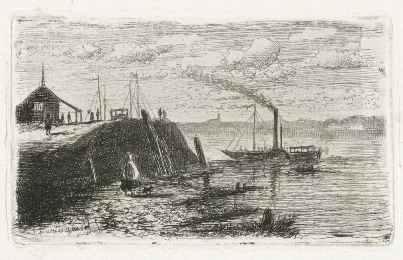 Area of Zaltbommel, with steamboat (former title), River view with a steamboat, print, printmaker: Joseph Hartogensis, The Hague, 1854, paper, chine collé, etching, etching on chine collé, proof, height 50 mm x width 85 mm, steamship, motorship, river (landscape with figures, staffage), Zaltbommel, A monochrome etching shows a shoreline scene with a dark, textured mound in the foreground and a figure wearing a cloak standing near the water edge accompanied by a small animal. Wooden posts and beams protrude from the mound and shoreline. A paddle steamer with a tall smokestack emitting a cloud of smoke is on the water alongside a smaller boat, and reflections ripple on the water surface. On the left, a simple wooden building with an overhang sits near the shore with several small human silhouettes nearby and masts of moored vessels rising behind it. The sky is filled with horizontal hatch marks and wispy, textured clouds, and a distant low-lying shoreline appears on the horizon.