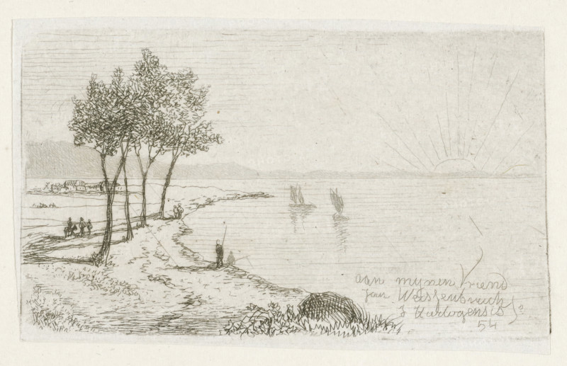 River landscape with rising sun, print, printmaker: Joseph Hartogensis, The Hague, dedicated to: Jan Weissenbruch, 1854, paper, chine collé, etching, etching on chine collé, height 50 mm x width 86 mm, river (landscape with figures, staffage), sunrise, A pencil sketch of a coastal scene showing a shoreline with a row of slender trees near the water's edge, a few small figures standing and sitting on the shore, and a couple of small sailboats on the calm sea; the sun appears low near the horizon with rays extending upward, distant low hills are visible across the water, and foreground vegetation and a textured rounded rock sit near the lower edge of the drawing.