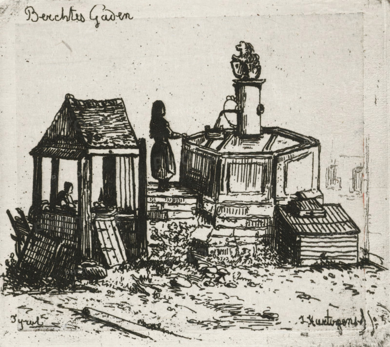 Water pump in Berchtesgaden, print, printmaker: Joseph Hartogensis, The Hague, 1856, paper, chine collé, etching, etching on chine collé, proof print, height 63 mm x width 71 mm, ornamental fountain, Bavaria, Berchtesgaden, A monochrome ink scene shows a small cluster of simple wooden structures with pitched roofs and vertical planks, a central raised platform with steps leading up to it, and a rounded stone basin topped by a pedestal supporting a sculpted animal figure; a silhouetted standing woman in a long dress is positioned on the steps near the basin while another seated figure is visible beneath a shelter, scattered boards and planks lean against the buildings, low vegetation and rocky ground fill the foreground, and small architectural details and ink shading define textures and shadows across the composition.