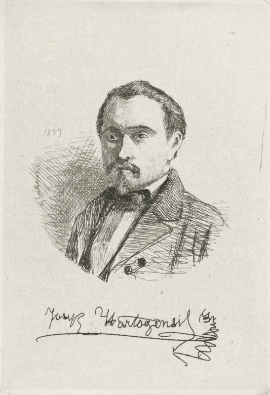 Self-portrait of Joseph Hartogensis, print, Bust facing left of Joseph Hartogensis., printmaker: Joseph Hartogensis, The Hague, 1857, paper, chine collé, etching, etching on chine collé, proof print, height 91 mm x width 63 mm, Person, A black ink sketch of a man from the chest up on a light textured paper background, showing his head turned slightly to one side with short wavy hair and a trimmed mustache and goatee, wearing a collared shirt with a bow tie and a suit jacket with lapels and visible buttons, crosshatched shading around the head and on the clothing, and a bold signature-like flourish drawn beneath the portrait.
