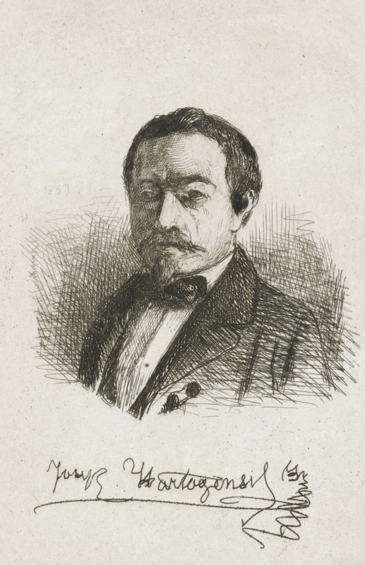 Self-portrait of Joseph Hartogensis, print, Bust facing left of Joseph Hartogensis., printmaker: Joseph Hartogensis, The Hague, 1857, paper, chine collé, etching, etching on chine collé, proof print, height 91 mm x width 63 mm, Person, A monochrome etched portrait of a man shown from the chest up, with short dark hair, a mustache and a small pointed beard, wearing a dark jacket and a bow tie over a light shirt, his face rendered with fine crosshatching and his expression appearing neutral, set against a lightly textured background with sketchy hatching around the figure and a signature-like scribble near the lower edge.