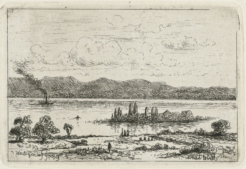 Steamship at a river island, Wörth, print, printmaker: Joseph Hartogensis, unknown, 1850 - 1859, paper, chine collé, etching, etching on chine collé, height 73 mm x width 106 mm, island, river, steamship, motorship, Bavaria, Wörth am Main, A black and white ink landscape engraving showing a wide body of water with a distant mountain range across the horizon, cloud formations above, and a small sailboat on the water. In the midground an island with trees and a small building sits near the shore, with reflected lines in the water. The foreground shows grassy and sandy shoreline with scattered trees and bushes, a few small human figures standing near the water, and a lone figure walking along the shore. Fine parallel lines and crosshatching create texture throughout the scene, and a simple rectangular border frames the composition.