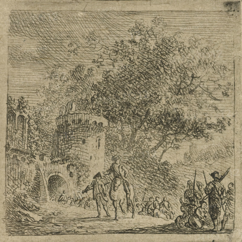 Soldiers at a gate, print, printmaker: Cornelis van Hardenbergh, Netherlands, c. 1770 - 1843, paper, etching, intaglio printmaking technique, etching with plate tone, height 55 mm x width 55 mm, the soldier, the soldier's life, city-gate, A monochrome etching shows a landscape with dense foliage and trees filling the upper and right areas, their leaves depicted with overlapping short strokes. In the middle foreground two figures stand beside a horse, one pointing outward while the other faces forward, both wearing simple garments. Near them several small seated or crouching figures cluster under a tree. To the right a standing figure holds a long pole or staff, with additional figures grouped nearby. On the left a stone structure with an arched opening and textured walls sits partially hidden by vegetation, and a curved archway or tunnel appears lower down. The sky area is hatched with parallel lines and the ground is rendered with short horizontal and curved etching strokes. The overa...
