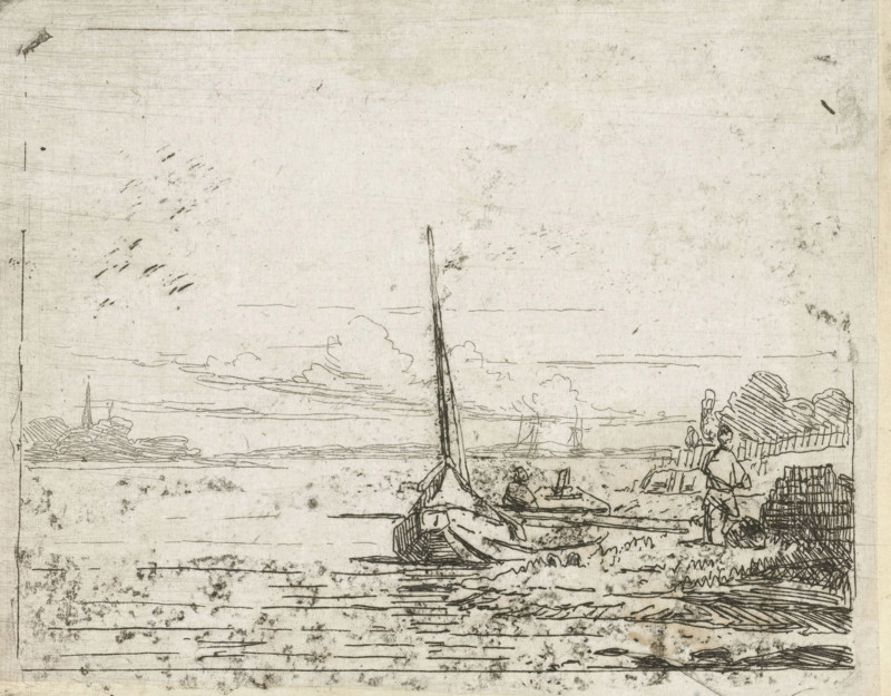 Ship at a bank, print, printmaker: Lambertus Hardenberg (1822-1900), The Hague, c. 1837 - 1900, paper, chine collé, etching, etching on chine collé, height 75 mm x width 99 mm, river (landscape with figures, staffage), boat propelled by man or animal, A faded ink drawing on a light paper surface depicting a shoreline scene with a tall, thin mast near the center, small boats along the water's edge, a seated figure in a boat, a standing figure on the right near stacked rectangular objects, sparse cloud lines in the sky, and textured marks and smudges across the paper.