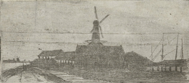 Complex with mill on a river, print, Complex with a windmill, on a dike, with a beginning for a walking figure on the left and several boat masts visible on the right., printmaker: Lambertus Hardenberg (1822-1900), The Hague, c. 1837 - 1900, paper, chine collé, etching, etching on chine collé, proof print, height 38 mm x width 83 mm, factories and mills in landscape, A monochrome sketch showing a waterfront scene with a large building topped by a tower-like structure and sails or blades extending from its top. Surrounding the central building are lower roofed structures and mounds of earth. In the foreground a narrow path or dock leads toward the buildings, and a small boatlike shape is near the waterline. To the right, tall slender masts or poles rise beside the shore, and a low wooden pier extends into the water. The image has a textured, weathered paper background with faint horizontal creases and scattered small dark marks.