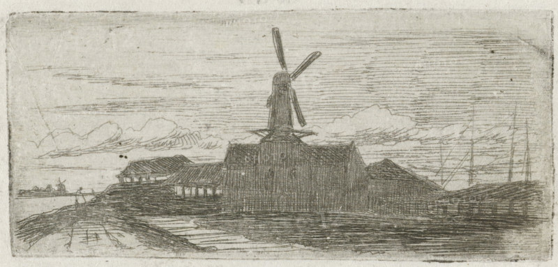 Complex with mill on a river, print, Complex with a windmill, on a dike, with a beginning for a walking figure on the left and several boat masts visible on the right., printmaker: Lambertus Hardenberg (1822-1900), The Hague, c. 1837 - 1900, paper, chine collé, etching, etching on chine collé, proof print, height 38 mm x width 83 mm, factories and mills in landscape, A monochrome sketch of a waterside scene showing a large central building with a tall windmill structure rising above it and two visible sails, flanked by lower roofed buildings, with a shoreline in the foreground and a body of water behind it, a distant smaller windmill visible on the left horizon, several tall thin masts or spars on the right, horizontal engraved lines suggesting sky and clouds, and varied crosshatching and line work indicating texture on roofs, water, and ground.