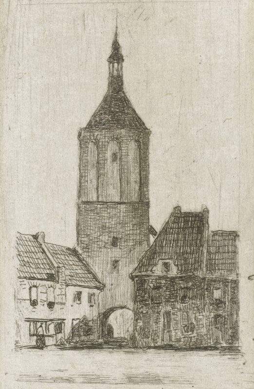 Tower, print, printmaker: Lambertus Hardenberg (1822-1900), The Hague, c. 1837 - 1900, paper, chine collé, etching, etching on chine collé, proof print, height 75 mm x width 45 mm, clock tower, monumental adornment (city(-scape) with figures, staffage), A tall stone tower with a conical roof and a narrow spire rises above a row of tiled-roof buildings; the tower shows vertical recessed panels on its upper portion and masonry texture on its lower portion. In front of the tower, a variety of buildings with pitched, tiled roofs and small windows line a street, one building featuring a rounded archway at ground level. At street level there is a cart with a canopy and indistinct figures or objects nearby. The drawing is rendered in fine, closely spaced lines on a light textured background.