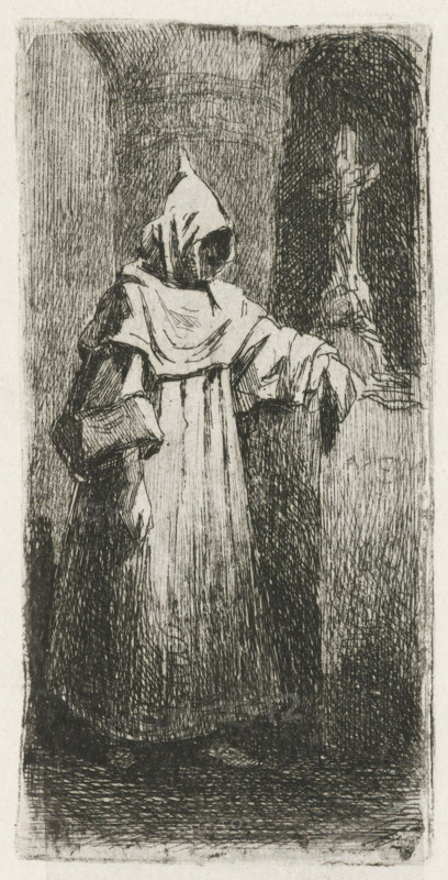 Monk by a crucifix, print, printmaker: Lambertus Hardenberg (1822-1900), The Hague, c. 1837 - 1900, paper, chine collé, etching, lithography, etching on chine collé, part of lithograph verso, height 78 mm x width 38 mm, monk(s), friar(s), A monochrome etching shows a robed figure wearing a hood that obscures the face, standing in front of a rounded architectural opening and resting one arm on a stone ledge. The robe has wide sleeves and draped folds with visible crosshatching and linear shading. Behind the figure, an arched recess contains a tall, narrow sculptural element with angular contours partly defined by dense hatch marks. The ground and surrounding walls are textured with dense, varied lines and crosshatching, creating areas of deep shadow and lighter highlights across the composition.