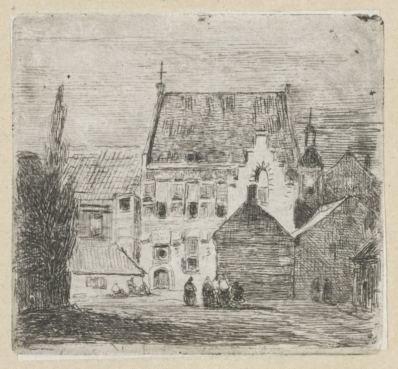 Cityscape with women conversing, print, printmaker: Lambertus Hardenberg (1822-1900), The Hague, c. 1837 - 1900, paper, chine collé, etching, etching on chine collé, proof print, height 52 mm x width 56 mm, city-view in general, 'veduta' (city(-scape) with figures, staffage), A monochrome etching showing a row of old buildings with pitched roofs and textured shingles, an arched doorway and multiple small windows, a taller building with a decorative tower topped by a spire, and a prominent central roof with a small cross at its peak; trees with dense foliage flank the sides, and a group of small figures wearing cloaks stand on the street in front of the buildings, while the sky and ground are rendered with horizontal etched lines.