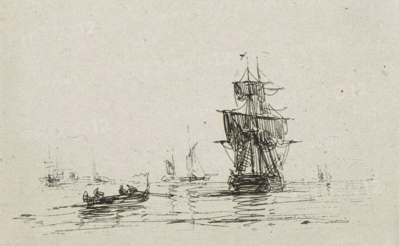 Navy with sailing ship, print, printmaker: Maurits Frederik Hendrik de Haas, Rotterdam, 1854 - 1856, paper, chine collé, etching, etching on chine collé, height 64 mm x width 92 mm, sailing-ship, sailing-boat, A sketch of a seascape on textured paper showing a large sailing ship with multiple masts and furled sails near the center-right, its reflected lines visible in the water below, and a small rowboat with figures in it closer to the left foreground, with faint outlines of other boats and masts in the distant background across a mostly empty sky.