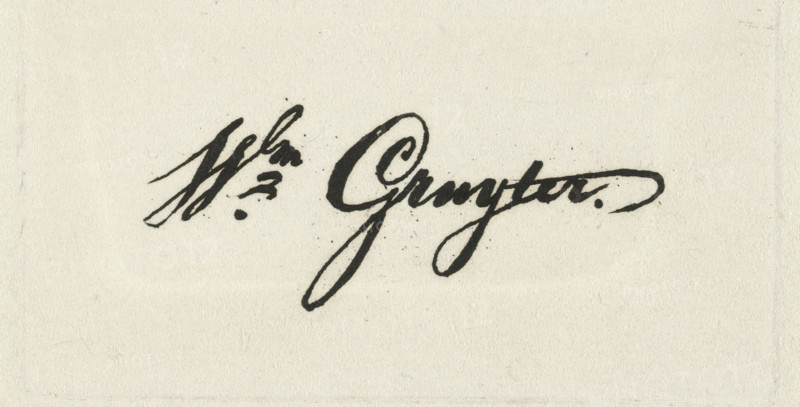 Signature of Willem Gruyter, print, printmaker: Willem Gruyter jr., Amsterdam, 1832 - 1880, paper, etching, height 41 mm x width 76 mm, A sheet of textured off-white paper with a dark, cursive ink signature-like marking toward the center, showing thick and thin strokes, looping curves, and several ink splatters and dots around the strokes, with faint paper fibers and subtle creases visible across the background.