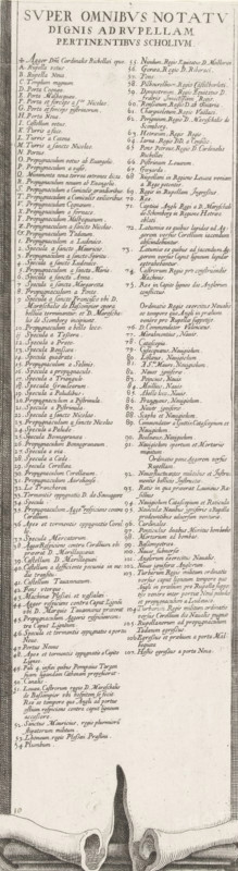 Super omnibus notatu dignis ad Rupellam pertinentibus scholium, Siege of La Rochelle, September 1627-October 1628 (text, bottom right section), print, historical print, text sheet, Sixteenth part (text, bottom right section) of a print of the siege of the Huguenot stronghold of La Rochelle in the years 1627 and 1628, which was carried out by order of the French king by the French army under the command of Cardinal Richelieu. On this sheet the legend to the central map, in Latin., printmaker, France, paper, engraving, height 568 mm, width 163 mm, La Rochelle, Period, 1627 - 1628, A tall vertical printed page with dense columns of handwritten-style text in a serif font, topped by a larger heading in capital letters; the text is arranged in two main narrow columns with short lines and occasional punctuation, each column separated by a faint central margin; the paper shows slight discoloration and texture variations, with darker printed decorative borders along the left and right edges; ne...