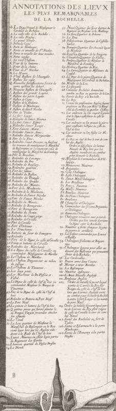 Annotations des lieux les plus remarquables de La Rochelle, Siege of La Rochelle, September 1627-October 1628 (text, bottom left section), print, historical print, text sheet, Sixteenth part (text, bottom left section) of a print of the siege of the Huguenot stronghold of La Rochelle in the years 1627 and 1628, which was carried out by order of the French king by the French army under the command of Cardinal Richelieu. On this sheet the legend to the central map, in French., printmaker, France, paper, engraving, height 565 mm, width 162 mm, La Rochelle, Period, 1627 - 1628, A tall, narrow printed page featuring a densely packed column of small serif text arranged in two main vertical columns beneath a large title at the top, flanked by decorative patterned borders on both sides; the title is centered and set in larger capital letters. The text columns are composed of many short lines separated by small gaps, with occasional short headings or marginal symbols preceding some lines. Near ...