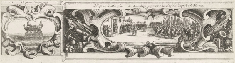 Siege of La Rochelle, September 1627-October 1628 (borderwork, bottom left section), Chasteau Dargencourt, Monsieur le Mareschal de Schomberg presentant les Anglois Captifs a sa Mayeste, print, historical print, Sixteenth section (borderwork, bottom left section) of a print of the siege of the Huguenot stronghold of La Rochelle in the years 1627 and 1628, which was carried out by order of the French king by the French army under the command of Cardinal Richelieu. On this sheet, on the left, a depiction of a wooden tower in the sea, and in the center, on the right, a depiction (surrounded by military attributes) of English prisoners of war being led before King Louis XIII., printmaker: Abraham Bosse, Paris, printmaker: Israël Henriet, after design by Jacques Callot, 1628 - 1631, paper, etching, engraving, etching and engraving, height 162 mm, width 601 mm, Person, Louis XIII (King of France), Armand-Jean du Plessis Duke of Richelieu, ornament, cartouche, prisoner of war (after the battl...