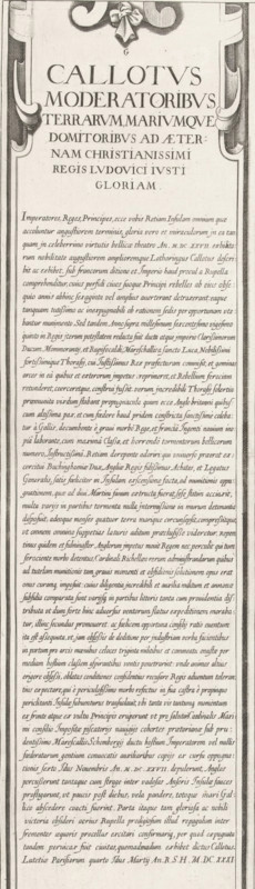 Siege of Saint Martin on the Île de Ré, July-November 1627 (text, top-right part), Callotus moderatoribus terrarum, mariumque domitoribus ad aeternam christianissimi regis Ludovici Iusti gloriam, print, historical print, text sheet, Sixteenth part (text, top-right part) of a print of the siege of the citadel Saint Martin on the Île de Ré in 1627, which was carried out by English troops led by the Duke of Buckingham and was ended by French troops led by Cardinal Richelieu. On this sheet, a general explanation of the subject of the print, in Latin., printmaker, writer (clerical worker), France, Charles Delorme, paper, engraving, gravure, height 576 mm, width 166 mm, Ile de Ré, Period, 1627, A tall vertical engraving shows an ornate framed panel with decorative scrollwork and a ribboned bow at the top, enclosing a large area filled with neatly aligned lines of printed text; the frame has shaded carved edges and ornamental corner designs, and the interior contains a clear title area near t...