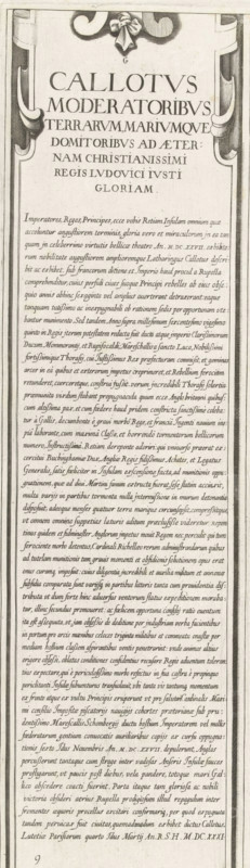 Siege of Saint Martin on the Île de Ré, July-November 1627 (text, top-right part), Callotus moderatoribus terrarum, mariumque domitoribus ad aeternam christianissimi regis Ludovici Iusti gloriam, print, historical print, text sheet, Series number, 9, 10?, Sixteenth part (text, top-right part) of a print of the siege of the citadel Saint Martin on the Île de Ré in 1627, which was carried out by English troops led by the Duke of Buckingham and was ended by French troops led by Cardinal Richelieu. On this sheet, a general explanation of the subject of the print, in Latin., printmaker, writer (clerical worker), France, Charles Delorme, paper, engraving, gravure, height 575 mm x width 171 mm, Ile de Ré, Period, 1627, A tall, narrow etched page with decorative border elements and ornamental scrollwork at the top surrounding a stylized bow, containing a large centered Latin title in capital letters followed by multiple lines of smaller Latin text in a neat serif script, with a long block of d...