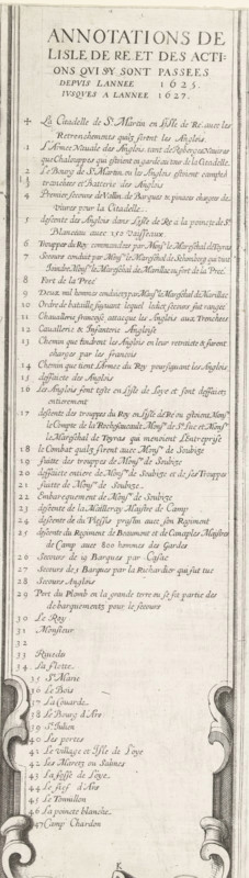 Siege of Saint Martin on the Île de Ré, July-November 1627 (text, bottom left part), Annotations de Lisle de Re et des actions qui sy sont passees depuis lannee 1625. jusques a lannee 1627., print, historical print, text sheet, Sixteenth part (text, bottom left part) of a print of the siege of the citadel Saint Martin on the Île de Ré in 1627, which was carried out by English troops led by the Duke of Buckingham and was ended by French troops led by Cardinal Richelieu. On this page the legend to the central map, in French., printmaker, writer (clerical worker), France, Charles Delorme, paper, engraving, height 575 mm x width 162 mm, Ile de Ré, Period, 1627, A tall vertical sheet with a printed heading at the top and a long column of neat handwritten lines below, enclosed by decorative borders on the left and right edges that feature scrollwork and thick parallel lines, the page showing a faintly aged, off-white background and slight discoloration near the edges, the handwriting arrange...