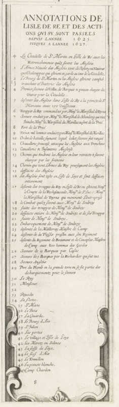 Siege of Saint Martin on the Île de Ré, July-November 1627 (text, bottom left part), Annotations de Lisle de Re et des actions qui sy sont passees depuis lannee 1625. jusques a lannee 1627., print, historical print, text sheet, Series number, 8, 10?, Sixteenth part (text, bottom left part) of a print of the siege of the citadel Saint Martin on the Île de Ré in 1627, which was carried out by English troops led by the Duke of Buckingham and was ended by French troops led by Cardinal Richelieu. On this page the legend to the central map, in French., printmaker, writer (clerical worker), France, Charles Delorme, paper, engraving, height 584 mm x width 162 mm, Ile de Ré, Period, 1627, A tall, narrow printed page with decorative borders and scrollwork, containing a centered title in large capital letters at the top followed by several lines of smaller printed text, and a long vertical list of handwritten entries in neat cursive filling the central column, each entry preceded by a small handw...