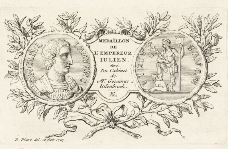 Coin of Roman Emperor Flavius Claudius Julianus Apostata, print, The obverse and reverse of a coin, with the face of Roman Emperor Flavius Claudius Julianus Apostata, from the cabinet of the Amsterdam collector Goswin Uilenbroek in an ornamental frame., printmaker: Bernard Picart, Amsterdam, 1727, paper, etching, engraving, etching and engraving, height 56 mm x width 94 mm, Print used in: Flavius Claudius Julianus Apostata. Les cesars. Translated from the Greek by Ezechiel Spanheim. Amsterdam: François L'Honoré, 1728., coin, ornaments, art, A decorative engraving shows two circular medallions framed by leafy branches and ornate scrollwork, with a central cartouche between them. The left medallion contains a profile bust of a man facing right, wearing draped clothing and with short, textured hair. The right medallion depicts a standing male figure holding a long staff in one hand and a flowering branch in the other, with a smaller seated figure at his feet. Leaves and stems extend outwa...