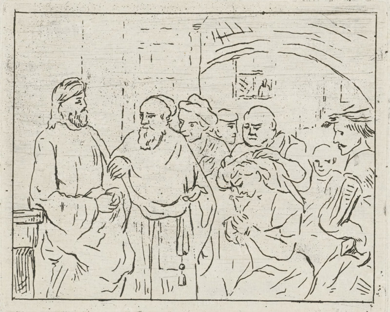 Christ and the Adulterous Woman, print, Inspired by Rembrandt's 'Christ and the Adulterous Woman'. Depicted is the moment when the Pharisees ask Christ a trick question., printmaker: Cornelis van der Griendt, Netherlands (possibly), after painting by Rembrandt van Rijn, unknown: Picard, 1837 - 1918, Cornelis van der Griendt, Rembrandt van Rijn, Picard, printmaker, after painting by, unknown, Netherlands, paper, etching, zinc etching, etching on zinc, height 80 mm x width 99 mm, Pharisees bring a woman accused of adultery before Christ (John 8:2-11), A rectangular etched scene framed by a simple border shows a group of robed figures drawn with thin dark lines on a light background; on the left a bearded man faces toward the center with one arm extended, beside him another bearded figure stands holding the extended hand, several other figures with varied head coverings and shaved or bald heads cluster behind and beside them, one central figure leans forward with hair pulled back, another...