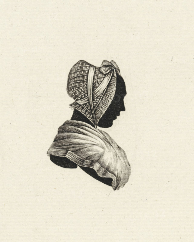 Silhouette portrait of Petronella Moens, print, Silhouette portrait of poet and writer Petronella Moens., printmaker: Hendrik Schwegman, Haarlem, after drawing by Jacobus Wilhelmus Pruys, Bergen op Zoom, 1790, paper, etching, engraving, height 213 mm x width 139 mm, Later state of this print was used as title page for: Moens, Petronella. Dichtkundige en prosaische mengelwerken. Haarlem: Christiaan Plaat en Adriaan Loosjes Pz, 1790., Person, Petronella Moens, A black ink silhouette of a person's head and upper shoulders in profile facing right, wearing a patterned bonnet with visible woven textures and ribbons, and a draped shawl with fine line shading indicating folds, all set against a light textured background.