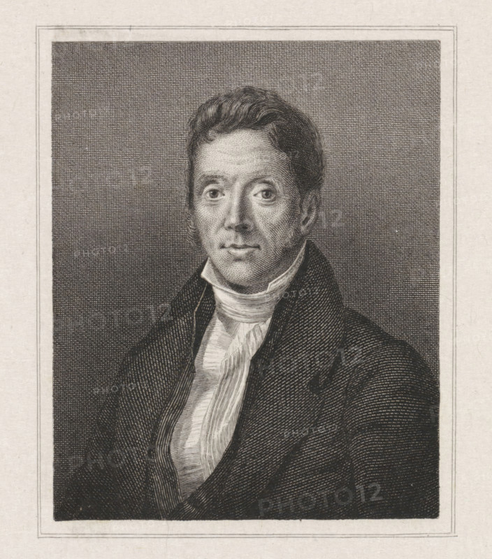 Portrait of Frans van der Breggen Cornzn., print, professor of medicine., FMP 716-d, printmaker: Willem van Senus, Netherlands, after painting by Leendert de Koningh, 1817 - 1851, paper, chine collé, etching, engraving, etching and engraving on chine collé, proof print, height 192 mm x width 125 mm, Person, Frans van der Breggen Cz., A black and white engraved portrait of a man shown from the chest up within a rectangular frame, with a densely crosshatched dark background and a lighter paper margin; the man has short wavy hair, prominent sideburns, and a composed facial expression with eyes looking forward, wearing a high-collared shirt with a cravat and a dark coat with visible engraved texture.