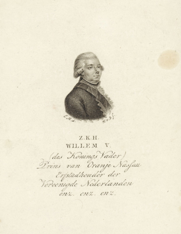 Portrait of William V (Prince of Orange-Nassau), print, inscription: 'Oranje Nassau 1073', printmaker: Willem van Senus, supervision: Evert Maaskamp (possibly), 1783 - 1795, paper, etching, stippelets, etching and stippelets, height 131 mm x width 82 mm, Person, William V (Prince of Orange-Nassau), A small engraved portrait of a man shown from the shoulders up, facing slightly to the viewer's left, with powdered hair styled back and side curls, wearing a dark textured coat and a ruffled shirt front; the image is centered on a light, slightly speckled paper background with a faint round stain to the right and some visible signs of aging.
